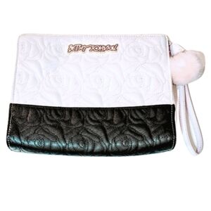 Betsey Johnson Black & White Rose Quilted Wristlet - Faux Leather Clutch Purse